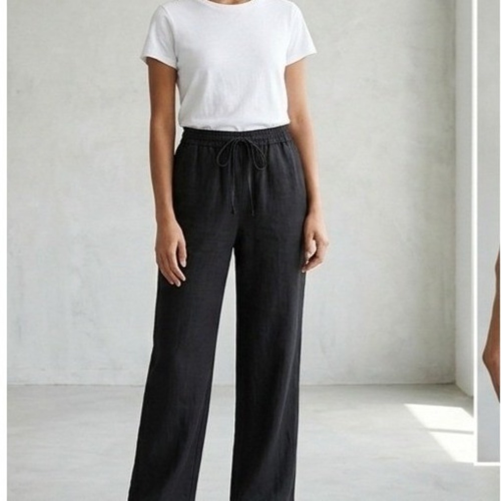 Linen Blend XL Wide Leg Drawstring Casual Relaxed Pants Black
